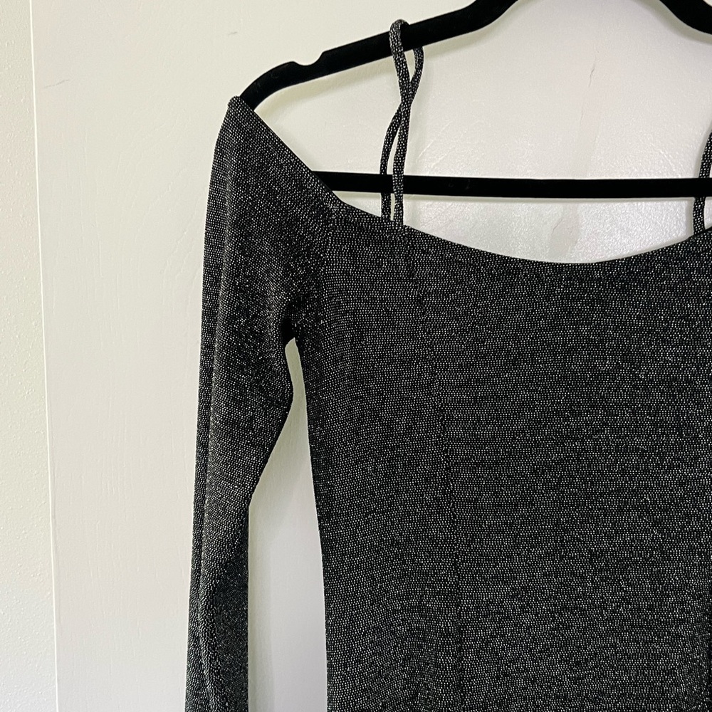 Express black shimmer off the shoulder mini dress